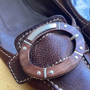 Prada Calzature Bamboo Buckle Flats in Brown Leather